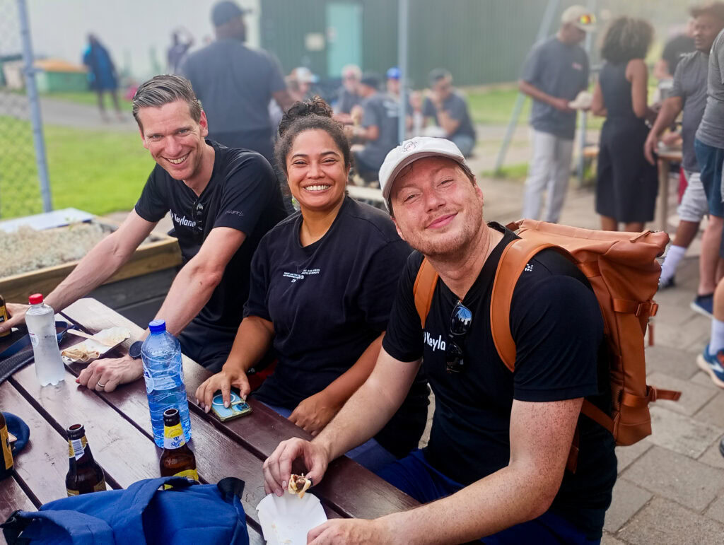 Barbecue and conversation after the softball — life at Keylane on a Friday evening